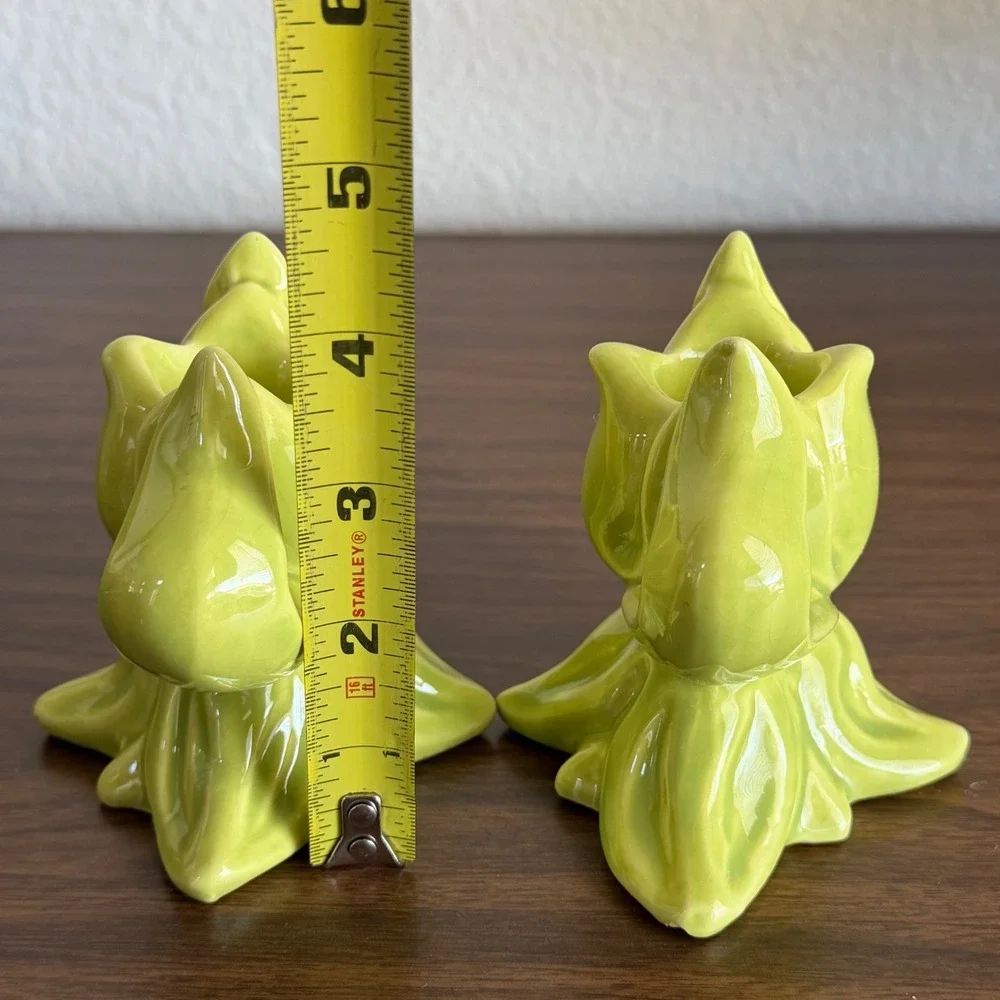 Vintage Chartreuse Green Ceramic Tulips Floral Candle Holder Set of 2 MCM READ